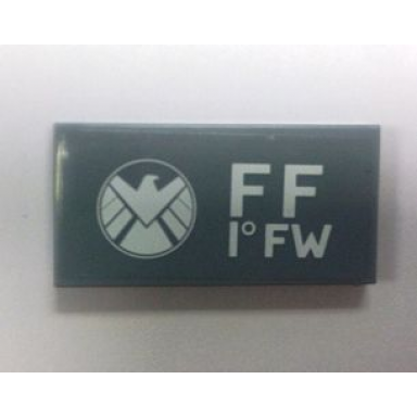 light bluish gray tile 2 x 4 with avengers logo and ff 1â° fw pattern model left side sticker - set 6869