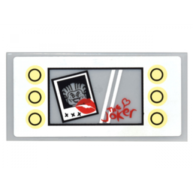 light bluish gray tile 2 x 4 with lights and mirror with joker photo with lips and xxx and heart and the joker pattern sticker - set 10937