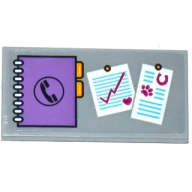 light bluish gray tile 2 x 4 with spiral bound phone book and pinned documents pattern sticker - set 41125