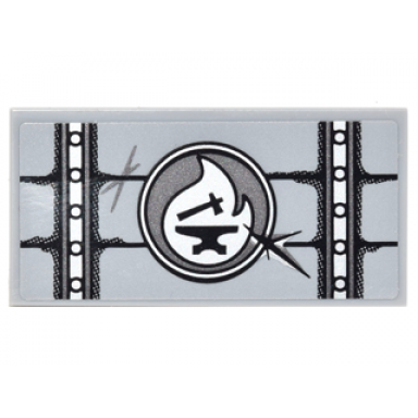 light bluish gray tile 2 x 4 with metal lid with scratches and blacksmith emblem pattern sticker - set 70627