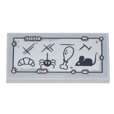 light bluish gray tile 2 x 4 with menu of croissant spider drumstick mouse and metal scratches and rivets with rust pattern sticker - set 70840