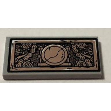 light bluish gray tile 2 x 4 with copper gears chains and cracked round plate pattern sticker - set 70595