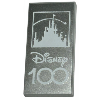 light bluish gray tile 2 x 4 with white disney 100 and disney castle silhouette on silver background pattern