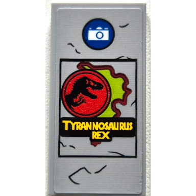 light bluish gray tile 2 x 4 with yellow tyrannosaurus rex black and red jurassic world logo lime isla nublar map and white camera in blue circle pattern sticker - set 76956
