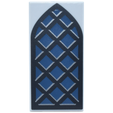 light bluish gray tile 2 x 4 with dark blue arched window with black and silver frame and lattice pattern