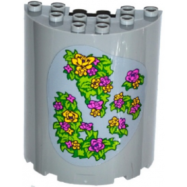 light bluish gray cylinder half 3 x 6 x 6 with 1 x 2 cutout with yellow and pink flowers and green leaves pattern sticker - set 41065