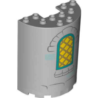 light bluish gray cylinder half 3 x 6 x 6 with 1 x 2 cutout with yellow curved lattice window with dark turquoise frame and dark bluish gray bricks pattern