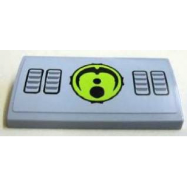light bluish gray slope curved 2 x 4 x 2 3 with bottom tubes with vents and black dots and arc on lime circle alien conquest logo pattern sticker - set 7065