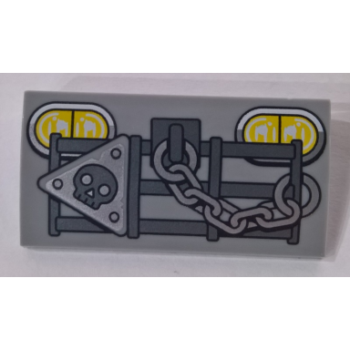 light bluish gray slope curved 2 x 4 x 2 3 with bottom tubes with headlights roll bars chain and skull pattern