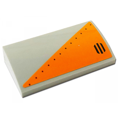 light bluish gray slope curved 2 x 4 x 2 3 with bottom tubes with orange triangle with rivets and black grille pattern model left side sticker - set 76193