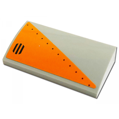light bluish gray slope curved 2 x 4 x 2 3 with bottom tubes with orange triangle with rivets and black grille pattern model right side sticker - set 76193