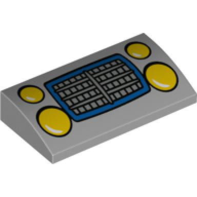 light bluish gray slope curved 2 x 4 x 2 3 with bottom tubes with yellow car headlights and silver grille with blue border pattern