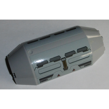 light bluish gray cylinder half 3 x 6 x 10 with 1 x 2 cutout with flaps pipes and dark red arrows pattern stickers - set 75140
