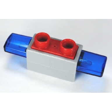 light bluish gray duplo siren with light and sound 1 x 2 base with red 2 stud button on top and trans-dark blue light covers