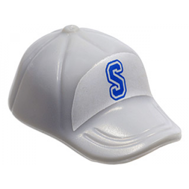 light bluish gray minifigure headgear cap - short curved bill with seams and button on top with blue capital letter s on white background pattern