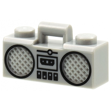 light bluish gray minifigure utensil radio boom box with bar handle with black cassette player switches and rimmed speakers pattern
