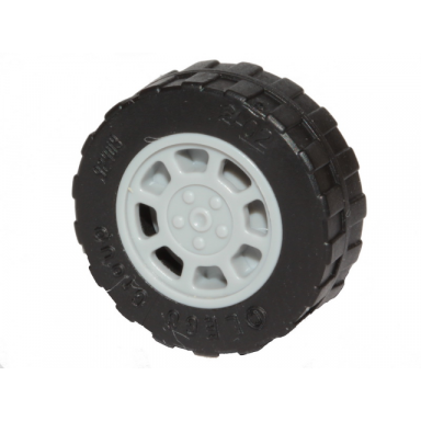 light bluish gray wheel 11mm d x 6mm with 8 spokes with black tire 17.5mm d x 6mm with shallow staggered treads - band around center of tread 93593 92409