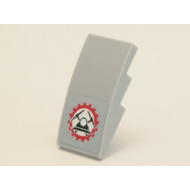 light bluish gray slope curved 4 x 2 with miners logo helmet with crossed pickaxes in gear pattern sticker - set 4204