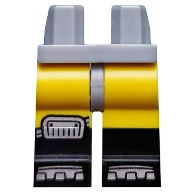 light bluish gray hips and yellow legs with black boots and silver knee pad and boot tips pattern