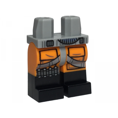 light bluish gray hips and orange legs with molded black lower legs boots and printed sw pilot pockets 4 bullets light bluish gray straps and tube pattern