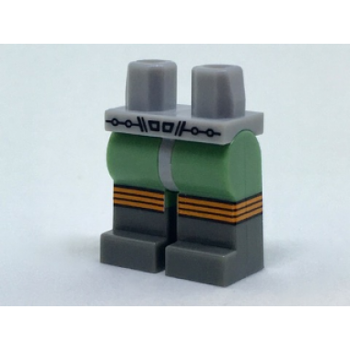 light bluish gray hips and sand green legs with retro space belt and dark bluish gray boots with three orange stripes pattern
