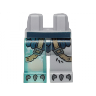 light bluish gray hips and 1 light bluish gray left leg 1 trans-light blue right leg with dark blue armor with scales dark tan straps and gray talons pattern