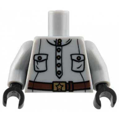 light bluish gray torso shirt with popover placket pockets and gold buttons dark brown belt with buckle with star pattern light bluish gray arms black hands