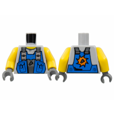 light bluish gray torso power miners blue vest with pockets and drill tip over sweaty shirt pattern yellow arms dark bluish gray hands