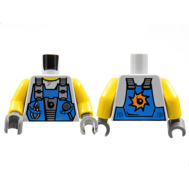 light bluish gray torso power miners blue vest with tools and bomb over sweaty shirt pattern yellow arms dark bluish gray hands