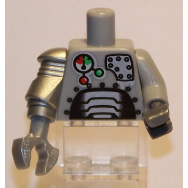 light bluish gray torso robot with panels and gauges pattern light bluish gray arm and dark bluish gray hand left metallic silver mech arm and pearl light gray claw right