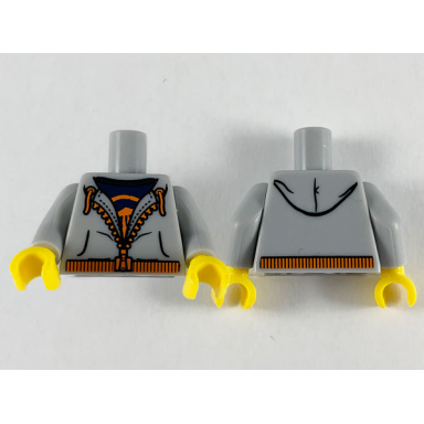 light bluish gray torso jacket hoodie with orange zipper drawstrings and waistband over dark blue t-shirt pattern light bluish gray arms yellow hands