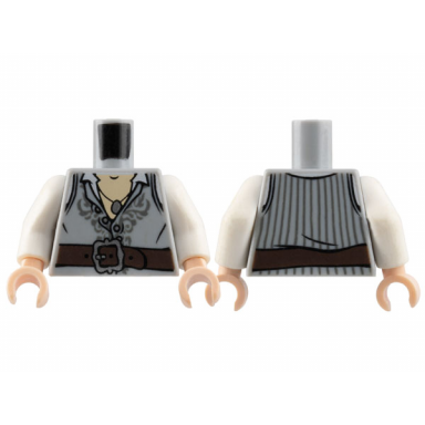 light bluish gray torso vest partially open with silver buttons and dark bluish gray embroidery and pinstripes over white shirt dark brown belt with buckle pendant necklace light nougat chest pattern white arms light nougat hands