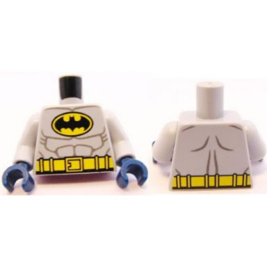 light bluish gray torso batman logo in yellow oval with muscles and yellow belt front and back pattern light bluish gray arms dark blue hands