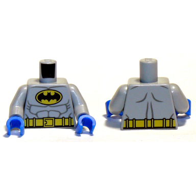 light bluish gray torso batman logo in yellow oval with muscles and yellow belt front and back pattern light bluish gray arms blue hands