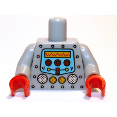 light bluish gray torso robot with silver rivets yellow gauges red knobs and yellow screen pattern light bluish gray arms red hands