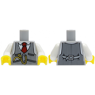 light bluish gray torso pinstripe vest red tie and pocket watch and back print pattern white arms yellow hands