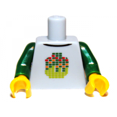 light bluish gray torso shirt with dark green lime orange and red pixelated minifigure head black collar pattern dark green arms yellow hands