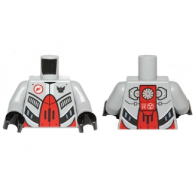 light bluish gray torso galaxy squad robot with red and plack plates radiator pattern on back light bluish gray arms black hands