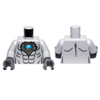light bluish gray torso bare chest with muscles outline dark bluish gray fur and dark azure round jewel chi pattern light bluish gray arms dark bluish gray hands
