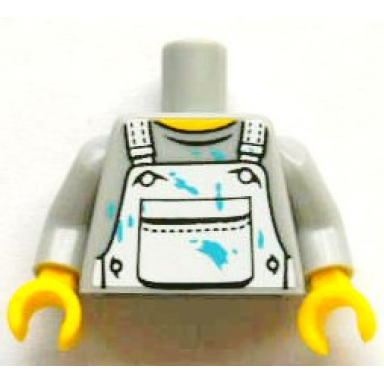 light bluish gray torso crew neck shirt with white overalls with breast pocket and azure paint stains pattern light bluish gray arms yellow hands