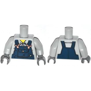light bluish gray torso shirt with dark blue overalls with burn holes and copper buckles pattern light bluish gray arms dark bluish gray hands