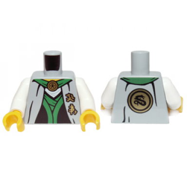 light bluish gray torso ninjago robe with green sash asian characters and gold snake emblem pattern white arms yellow hands