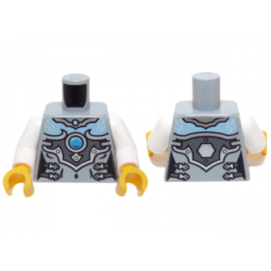 light bluish gray torso chima female outline with bright light blue chest silver armor and buckles and dark azure round jewel chi pattern white arms yellow hands