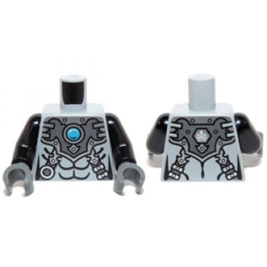 light bluish gray torso chima silver armor with straps and blue round jewel chi pattern black arms dark bluish gray hands