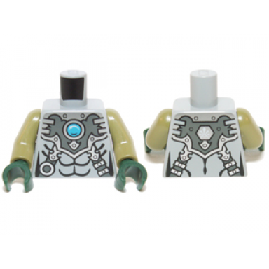 light bluish gray torso chima silver armor with straps and blue round jewel chi pattern olive green arms dark green hands