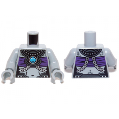 light bluish gray torso chima female outline with black armor dark purple top and blue round jewel chi pattern light bluish gray arms light bluish gray hands