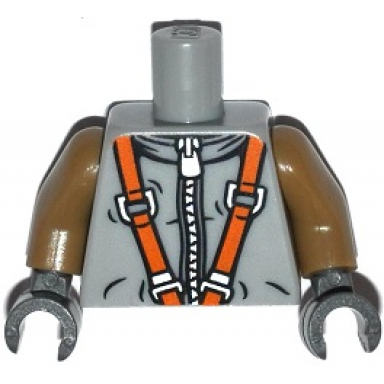 light bluish gray torso spacesuit with silver zipper and orange harness pattern dark tan arms dark bluish gray hands