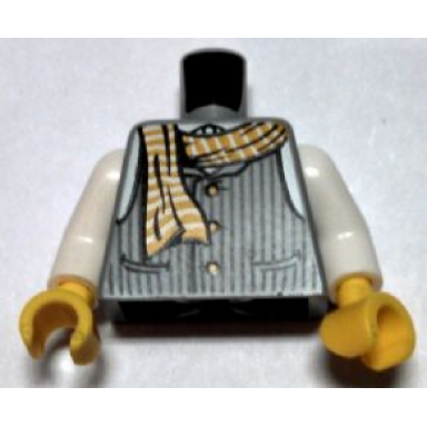 light bluish gray torso striped vest with buttons and yellow striped scarf pattern white arms yellow hands