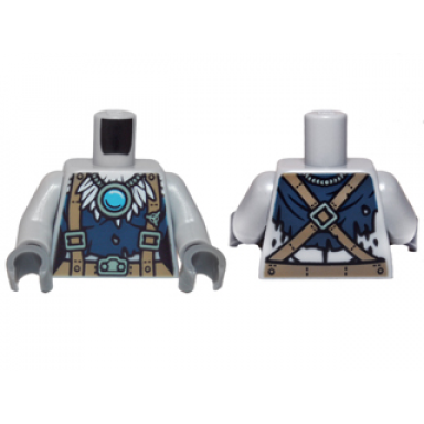 light bluish gray torso feathers dark blue shirt dark tan belt and suspenders and blue round jewel chi pattern light bluish gray arms dark bluish gray hands