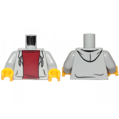 light bluish gray torso hooded sweatshirt open with drawstrings over dark red top pattern light bluish gray arms yellow hands